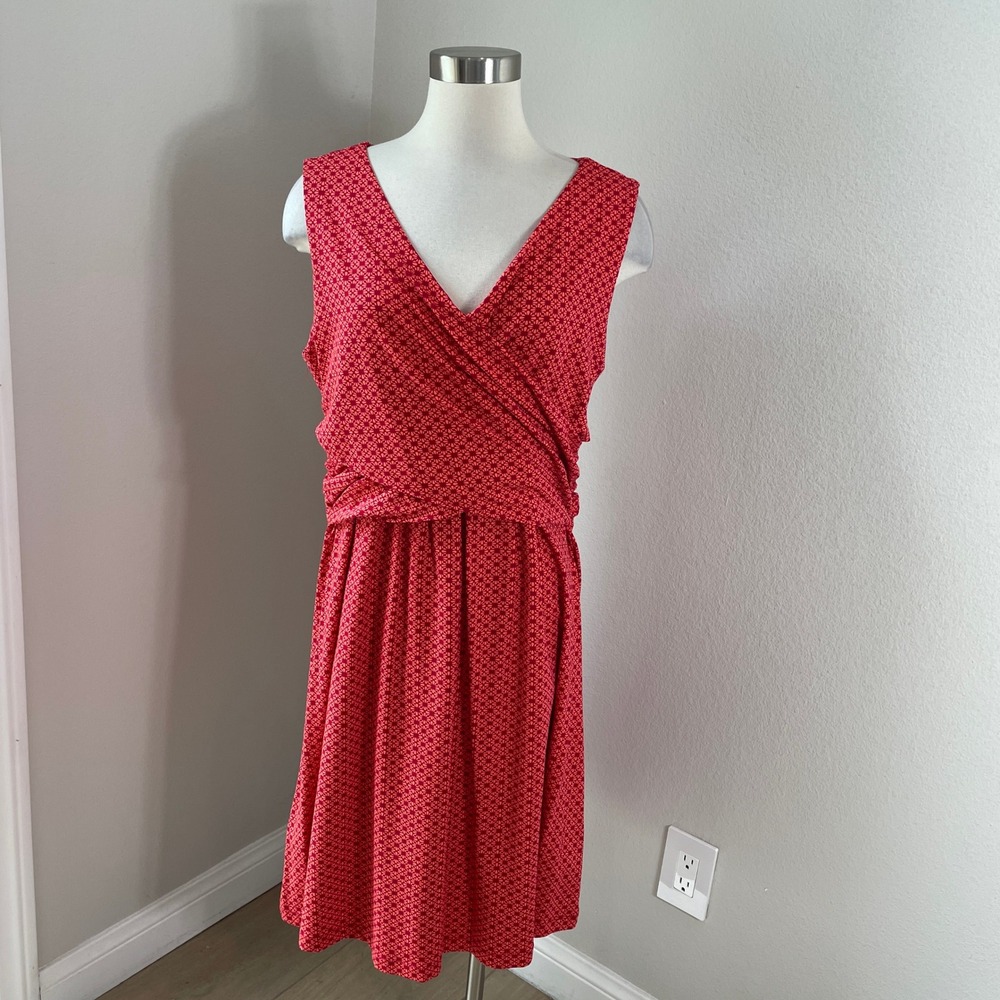 Lands End Womens Large Red Geometric Print Faux Wrap Pima Cotton Modal Dress